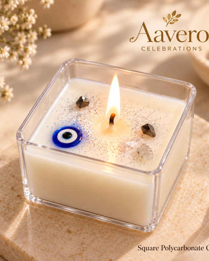 Aavero Evil Eye soy wax candle in a square polycarbonate cup