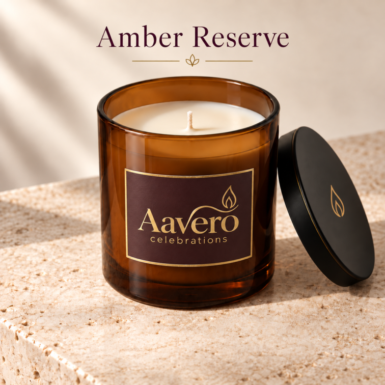 Aavero Amber Reserve candle with Aavero Celebrations company logo